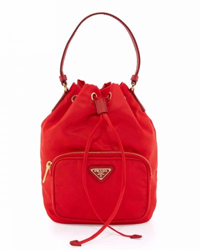 New Red Nylon Prada Bucket Bags Rounded Handles Drawstring Closure Gold Plated Hardware Exquisite Trimming Replica 