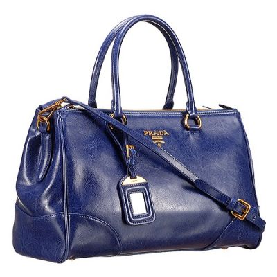 Prada Blue Leather Tote Bags Button Closure Gold Plated Hardware Double Rounded Top Handle Replica 